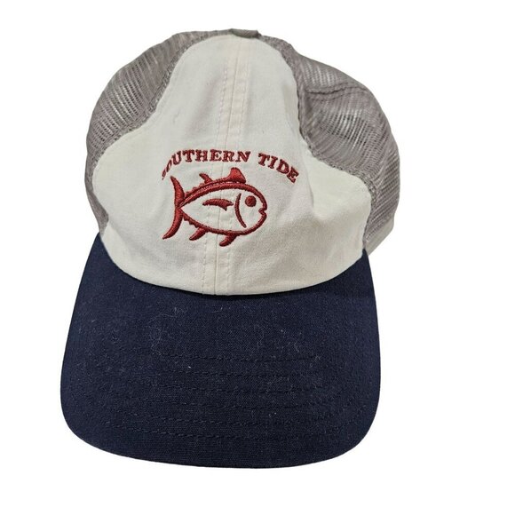 Southern Tide Trucker Cap With Embroidered Fish Logo Mesh Back Navy & Beige One - Picture 1 of 4